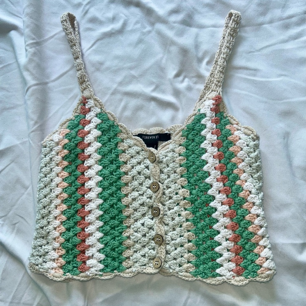 Forever 21 Crochet Tank Top in Green, Cream, and Pink